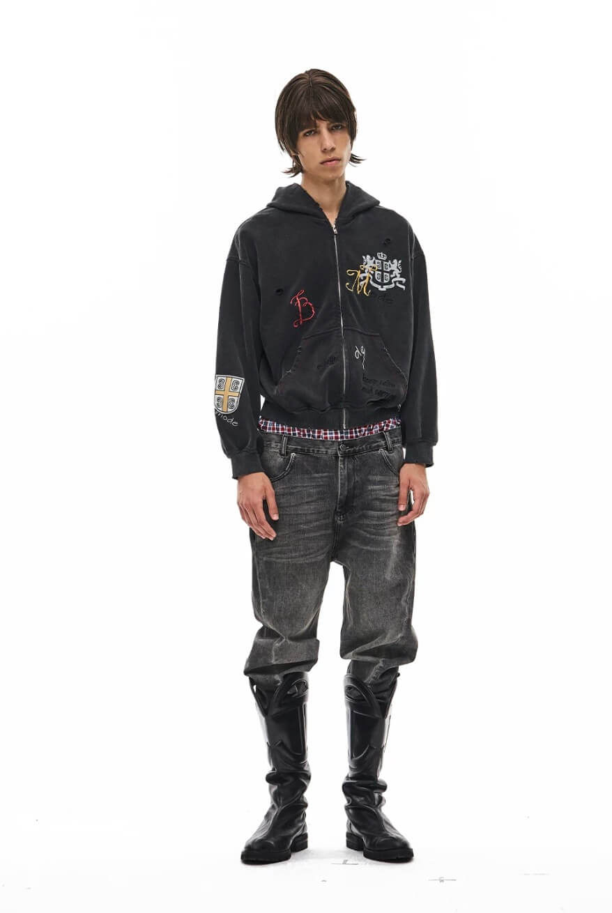 EXITMODE BY BLIND NO PLAN Washed Distressed Embroidered Patch Zip Up Hoodie | Face 3 Face