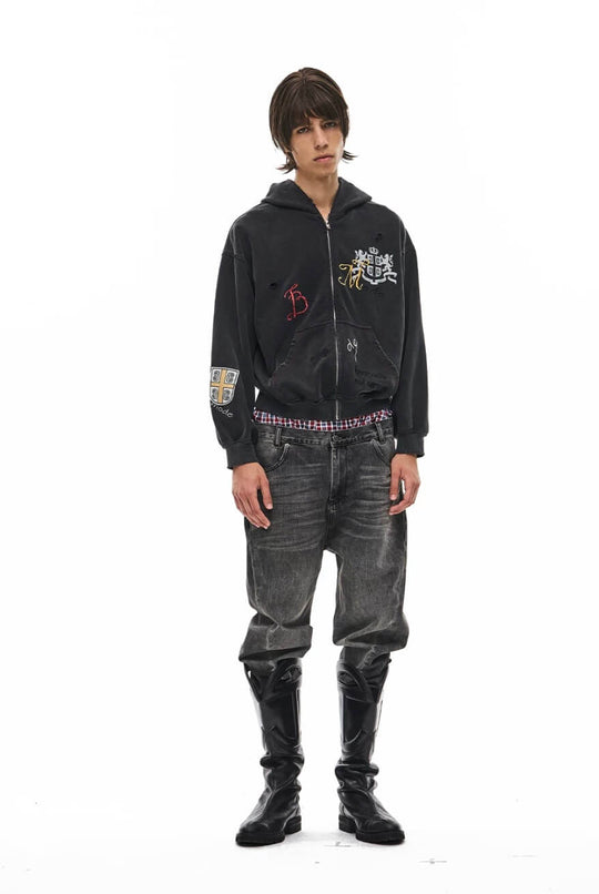 EXITMODE BY BLIND NO PLAN Washed Distressed Embroidered Patch Zip Up Hoodie | Face 3 Face