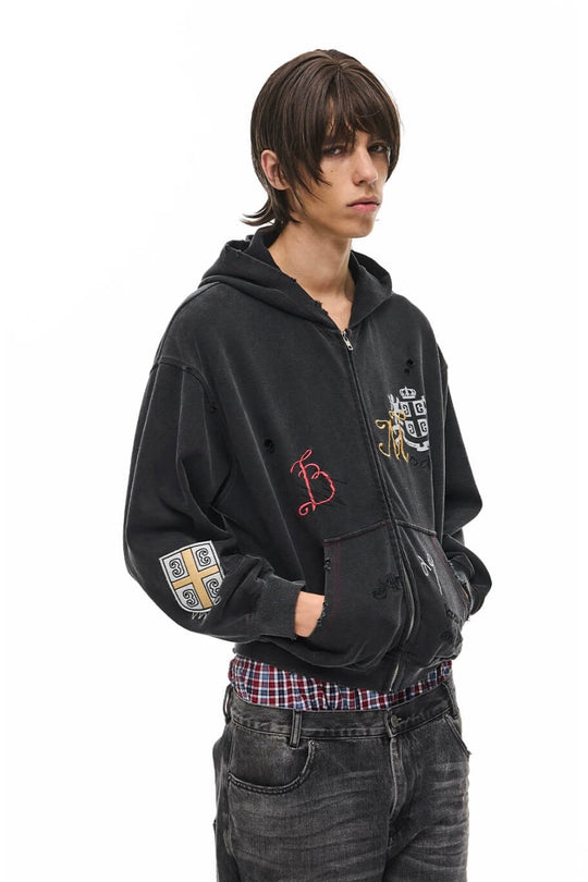 EXITMODE BY BLIND NO PLAN Washed Distressed Embroidered Patch Zip Up Hoodie | Face 3 Face