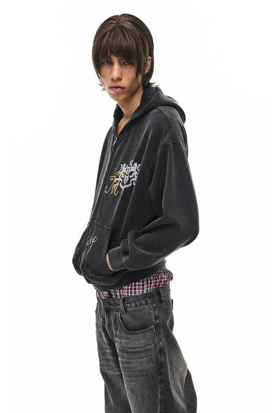 EXITMODE BY BLIND NO PLAN Washed Distressed Embroidered Patch Zip Up Hoodie | Face 3 Face
