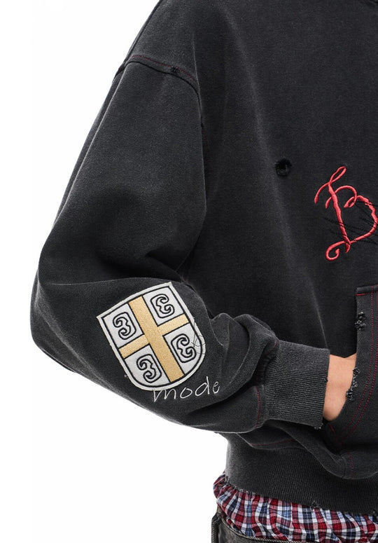 EXITMODE BY BLIND NO PLAN Washed Distressed Embroidered Patch Zip Up Hoodie | Face 3 Face