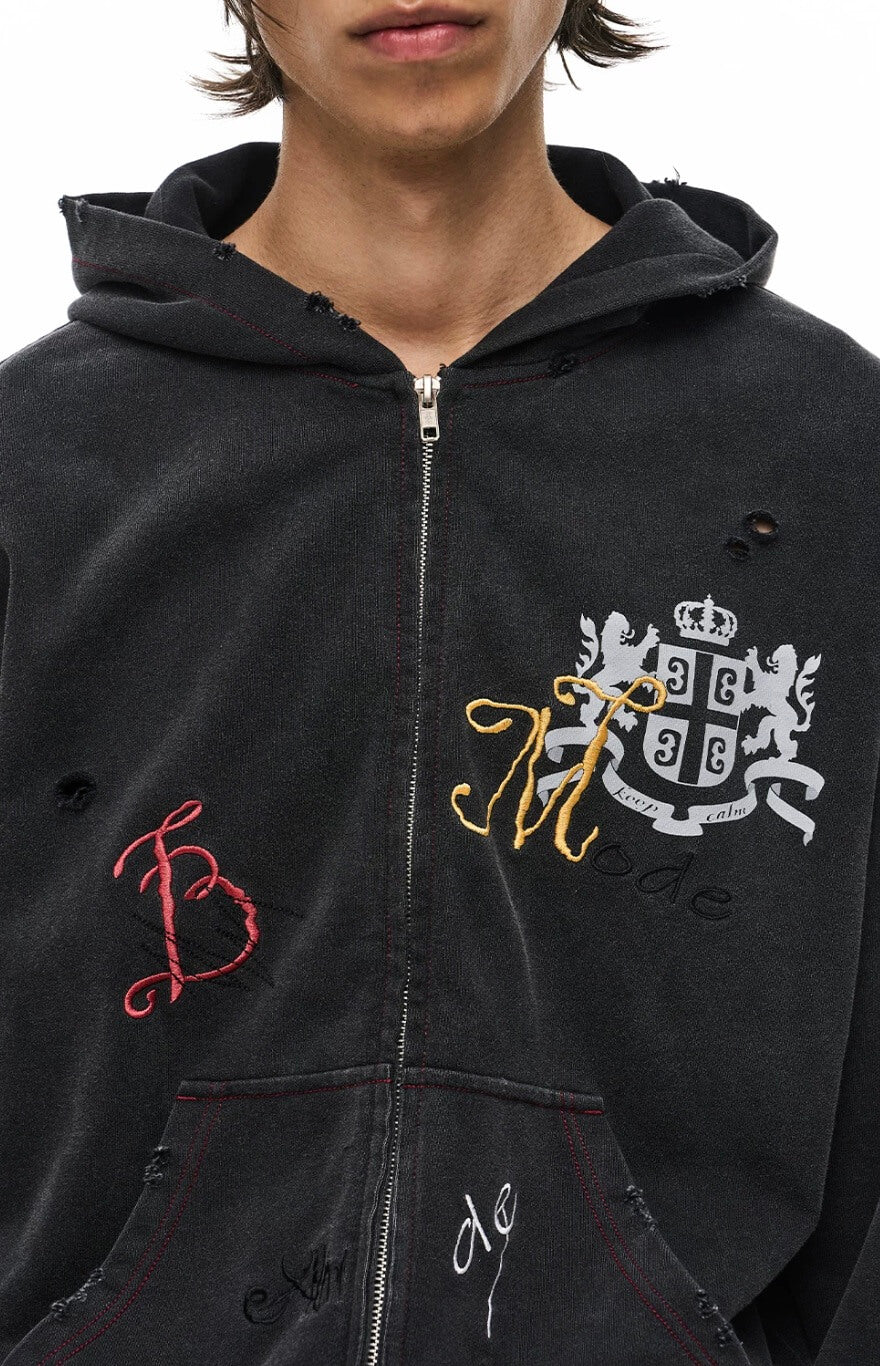 EXITMODE BY BLIND NO PLAN Washed Distressed Embroidered Patch Zip Up Hoodie | Face 3 Face