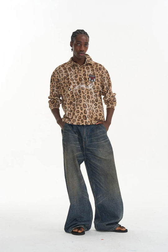 EXITMODE BY BLIND NO PLAN Leopard Print Long Sleeve Polo Shirt | Face 3 Face