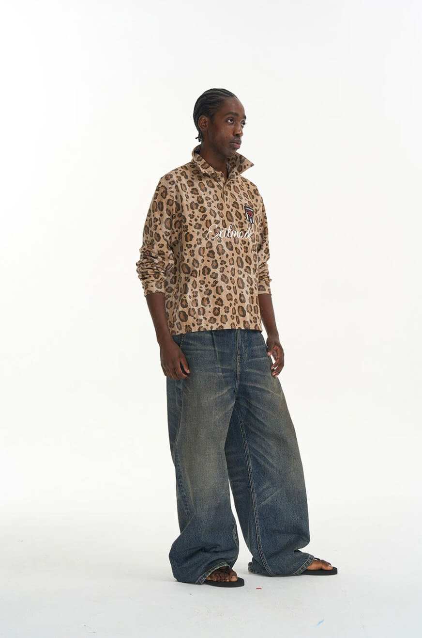 EXITMODE BY BLIND NO PLAN Leopard Print Long Sleeve Polo Shirt | Face 3 Face