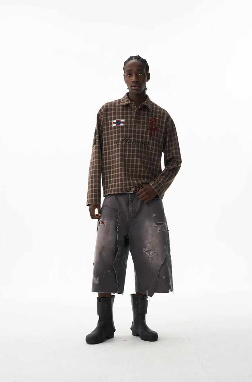 EXITMODE BY BLIND NO PLAN Checkered Emblem Patch Long Sleeve Polo Shirt | Face 3 Face