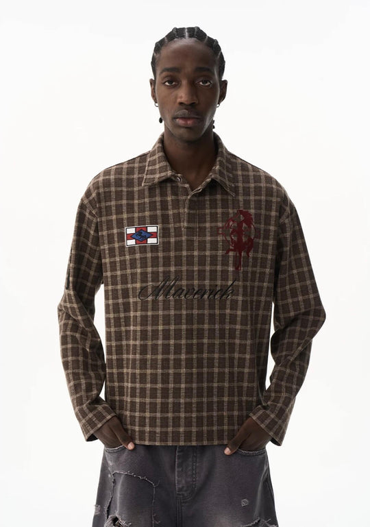 EXITMODE BY BLIND NO PLAN Checkered Emblem Patch Long Sleeve Polo Shirt | Face 3 Face