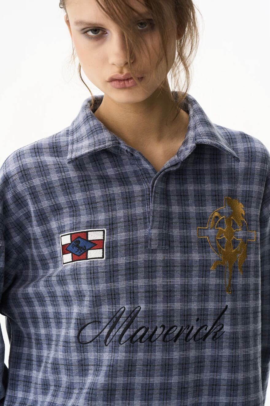 EXITMODE BY BLIND NO PLAN Checkered Emblem Patch Long Sleeve Polo Shirt | Face 3 Face