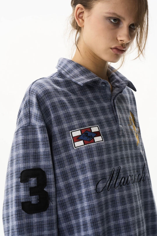 EXITMODE BY BLIND NO PLAN Checkered Emblem Patch Long Sleeve Polo Shirt | Face 3 Face