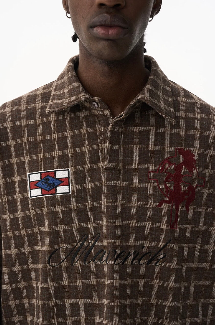 EXITMODE BY BLIND NO PLAN Checkered Emblem Patch Long Sleeve Polo Shirt | Face 3 Face