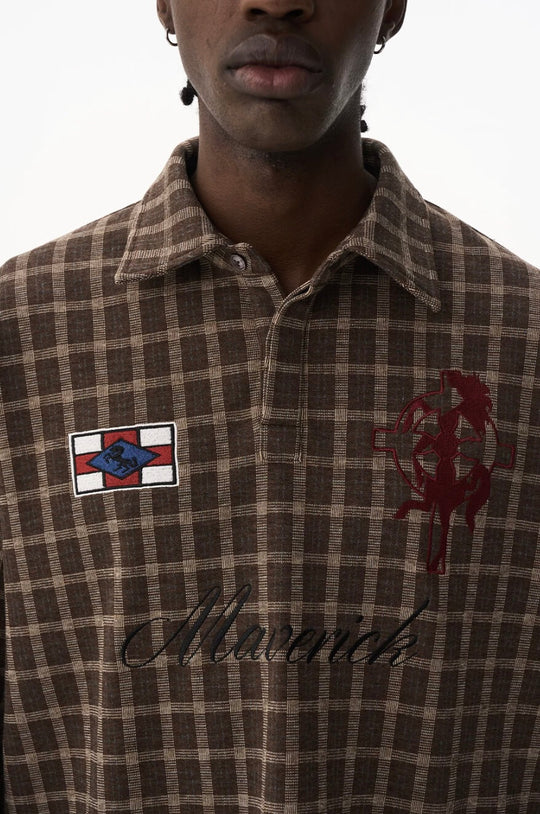 EXITMODE BY BLIND NO PLAN Checkered Emblem Patch Long Sleeve Polo Shirt | Face 3 Face