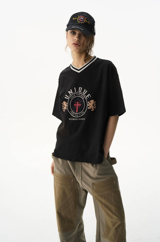 EXITMODE BY BLIND NO PLAN Washed Distressed V Neck Short Sleeve Tee