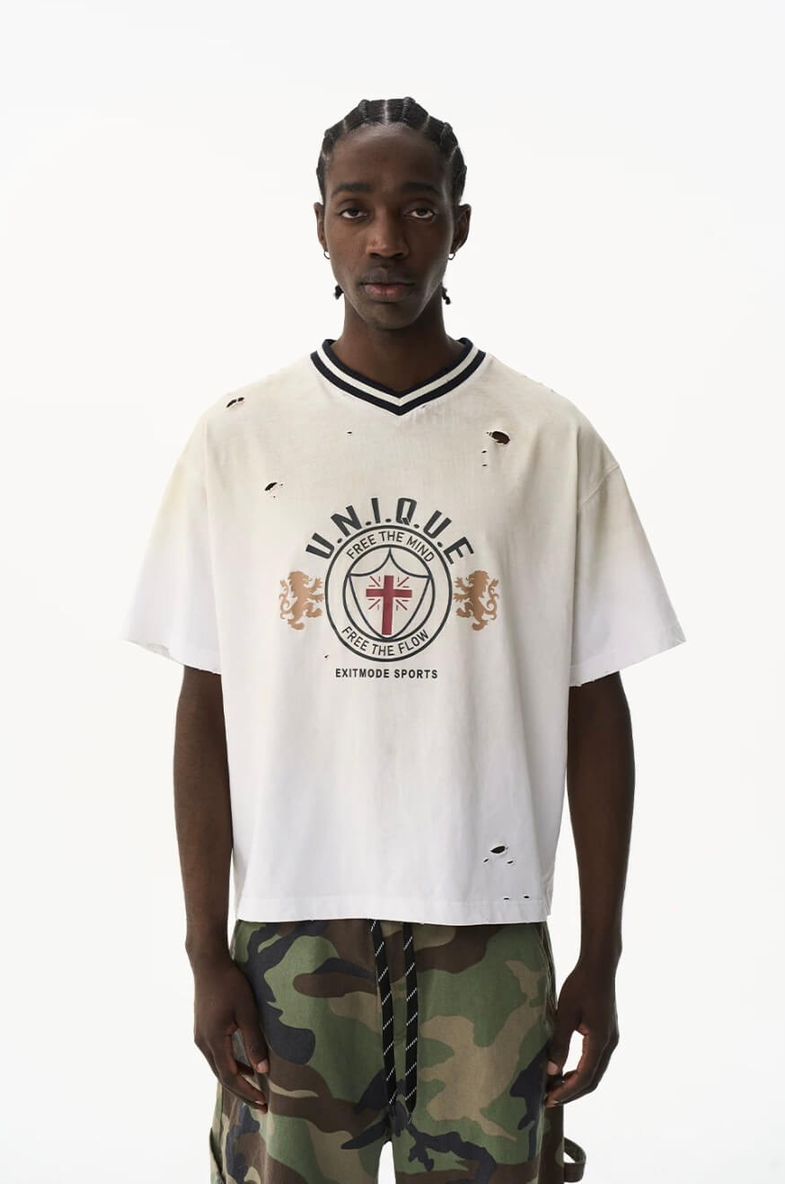 EXITMODE BY BLIND NO PLAN Washed Distressed V Neck Short Sleeve Tee