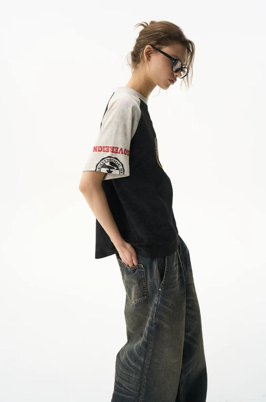 EXITMODE BY BLIND NO PLAN Wax Print Color Block Raglan Short Sleeve Tee
