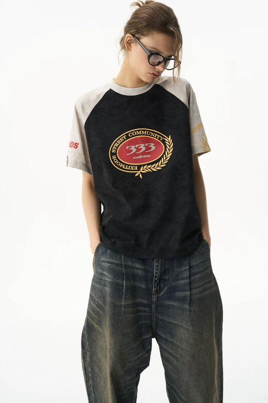 EXITMODE BY BLIND NO PLAN Wax Print Color Block Raglan Short Sleeve Tee
