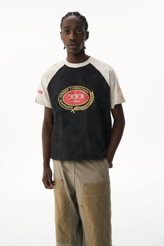 EXITMODE BY BLIND NO PLAN Wax Print Color Block Raglan Short Sleeve Tee