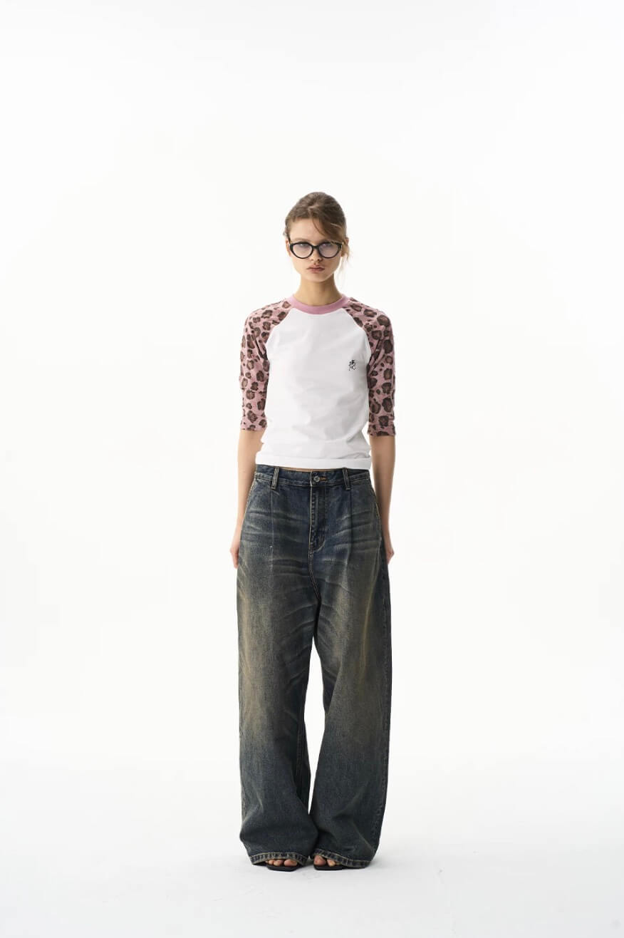 EXITMODE BY BLIND NO PLAN Leopard Distressed Raglan Sleeve Short Sleeve Tee | Face 3 Face