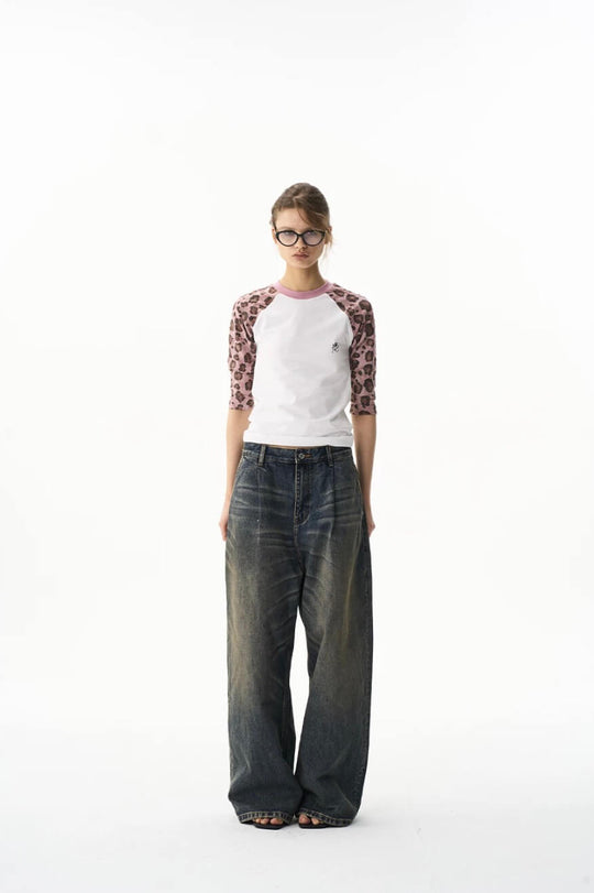 EXITMODE BY BLIND NO PLAN Leopard Distressed Raglan Sleeve Short Sleeve Tee | Face 3 Face