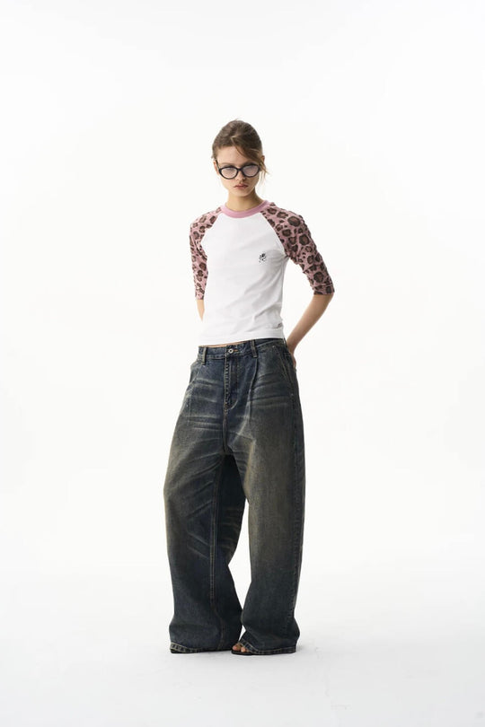EXITMODE BY BLIND NO PLAN Leopard Distressed Raglan Sleeve Short Sleeve Tee | Face 3 Face