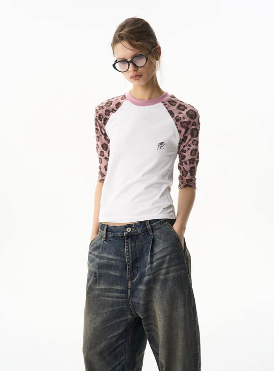 EXITMODE BY BLIND NO PLAN Leopard Distressed Raglan Sleeve Short Sleeve Tee | Face 3 Face
