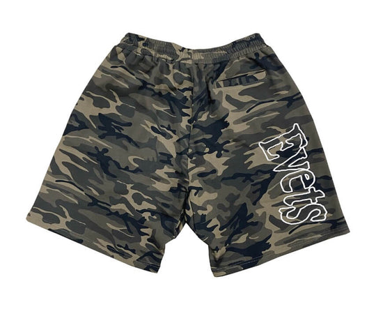 EVETS Anime Graphic Print Camo Baggy Sweat Shorts | Face 3 Face