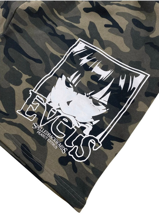 EVETS Anime Graphic Print Camo Baggy Sweat Shorts | Face 3 Face