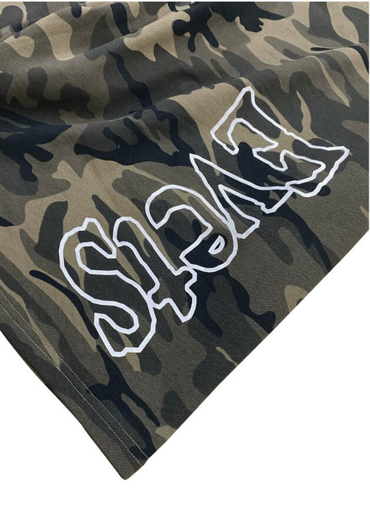 EVETS Anime Graphic Print Camo Baggy Sweat Shorts | Face 3 Face