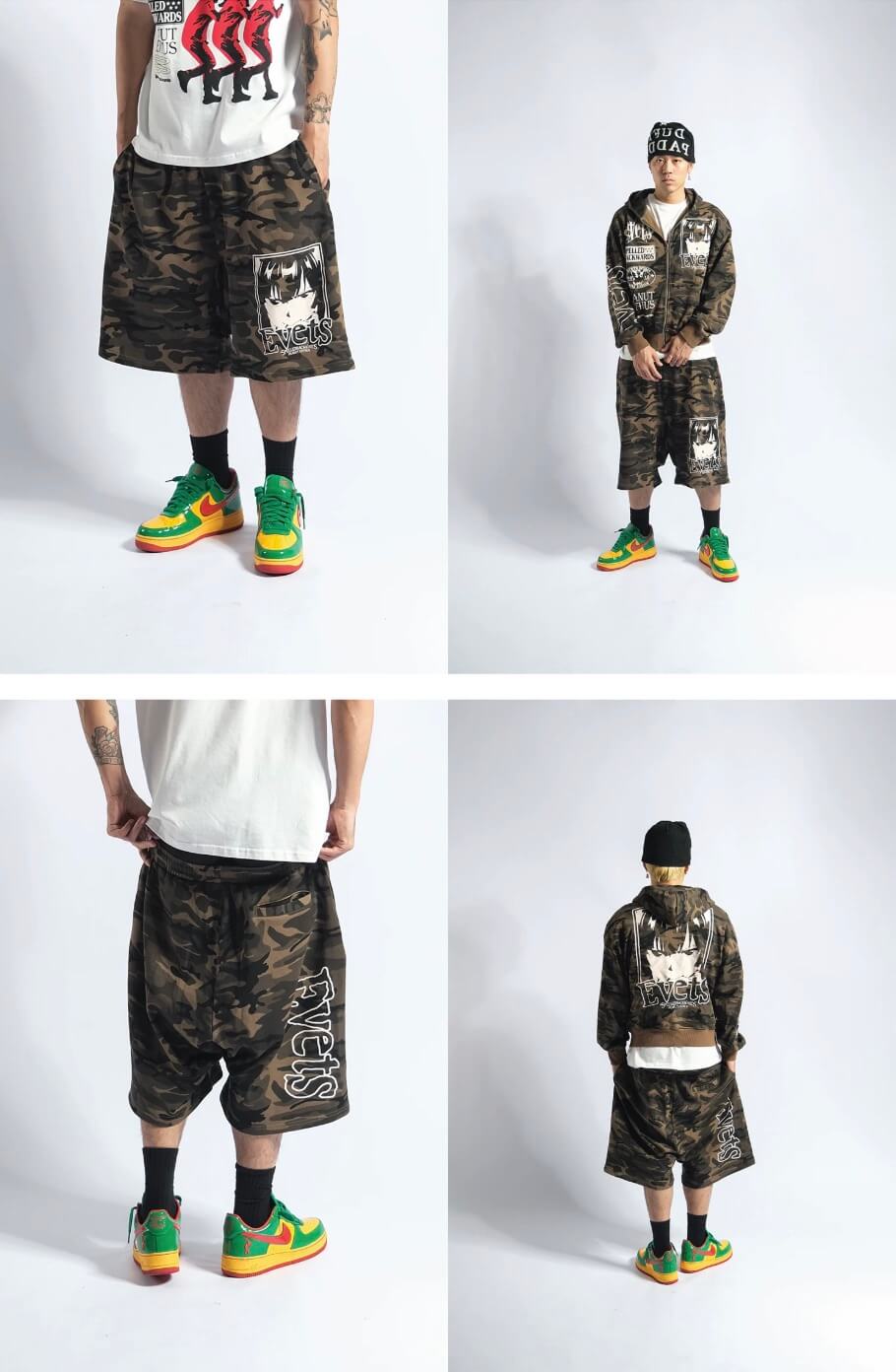 EVETS Anime Graphic Print Camo Baggy Sweat Shorts | Face 3 Face