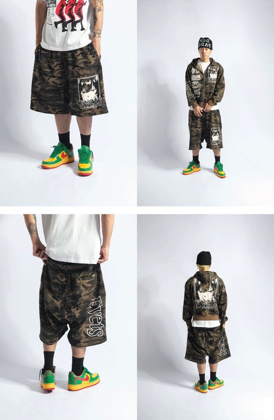 EVETS Anime Graphic Print Camo Baggy Sweat Shorts | Face 3 Face