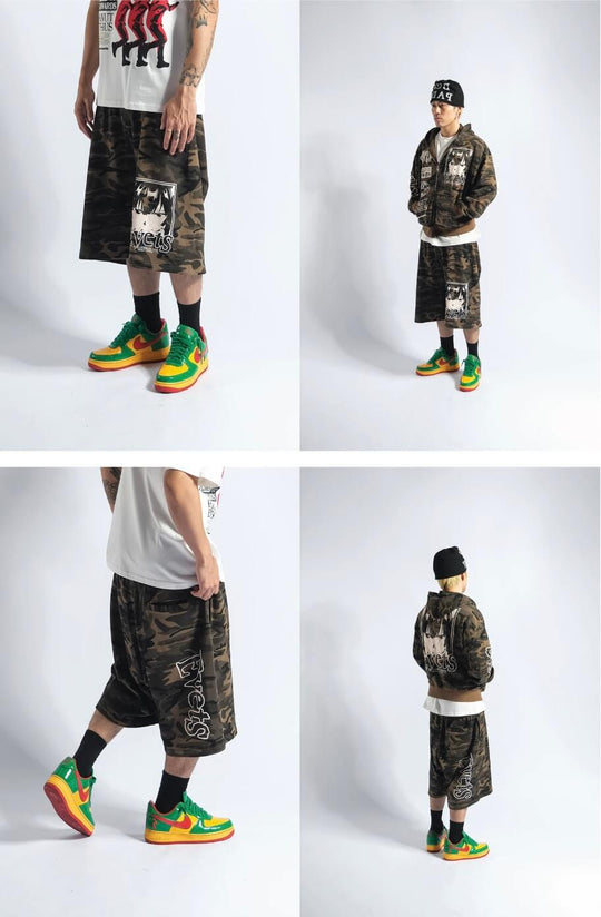 EVETS Anime Graphic Print Camo Baggy Sweat Shorts | Face 3 Face