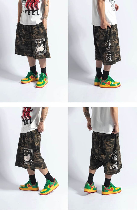 EVETS Anime Graphic Print Camo Baggy Sweat Shorts | Face 3 Face