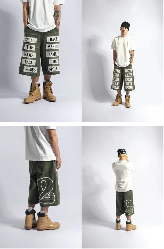 EVETS Embroidered Patches Denim Baggy Shorts | Face 3 Face