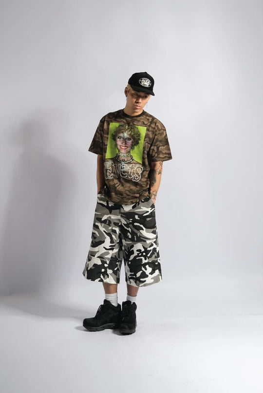 EVETS Camo Distressed Double Knee Baggy Work Shorts | Face 3 Face