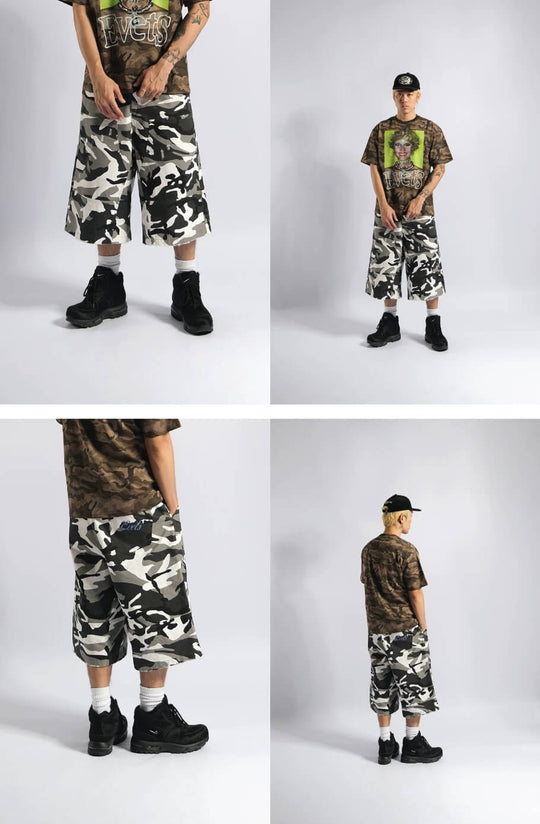 EVETS Camo Distressed Double Knee Baggy Work Shorts | Face 3 Face