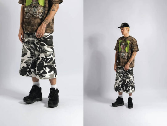 EVETS Camo Distressed Double Knee Baggy Work Shorts | Face 3 Face