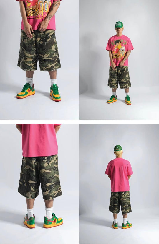 EVETS Camo Distressed Double Knee Baggy Work Shorts | Face 3 Face