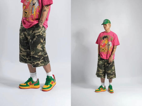 EVETS Camo Distressed Double Knee Baggy Work Shorts | Face 3 Face