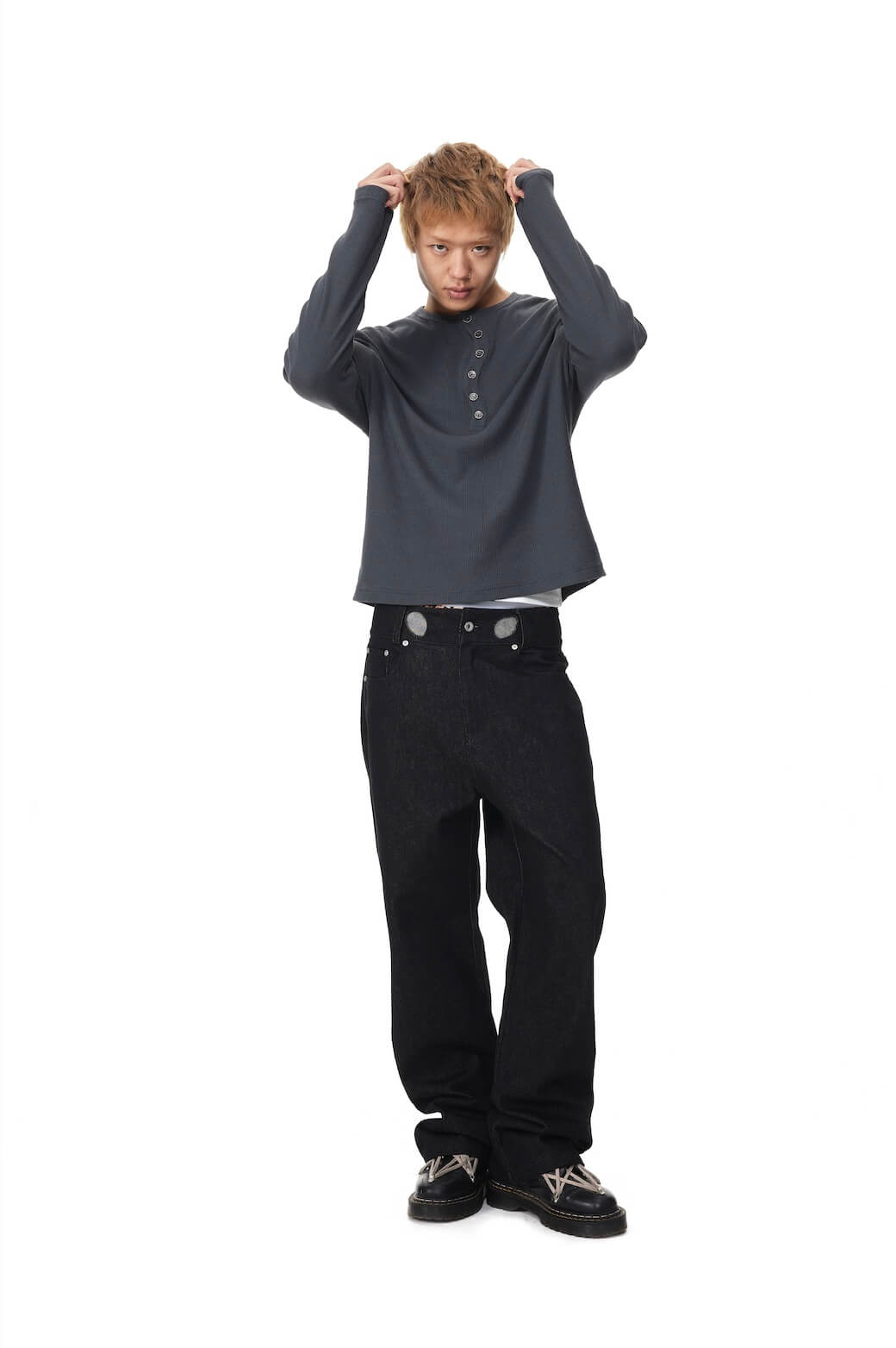 EVILKNIGHT(EK) Perforated Waistband Black Denim Jeans