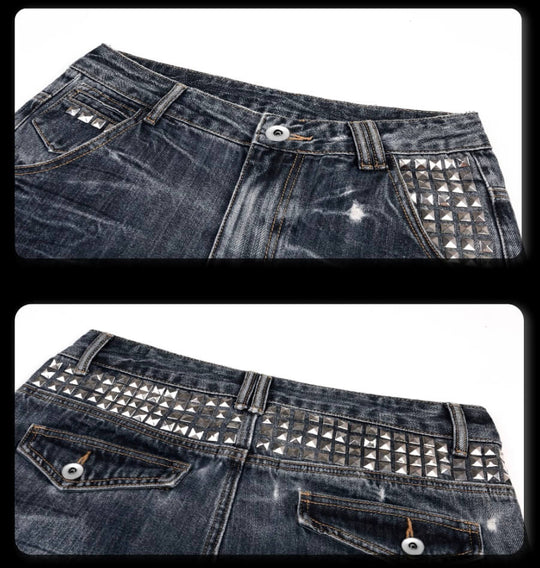 Night Lab Heavily Washed Distressed Multi Rivet Curved Jeans