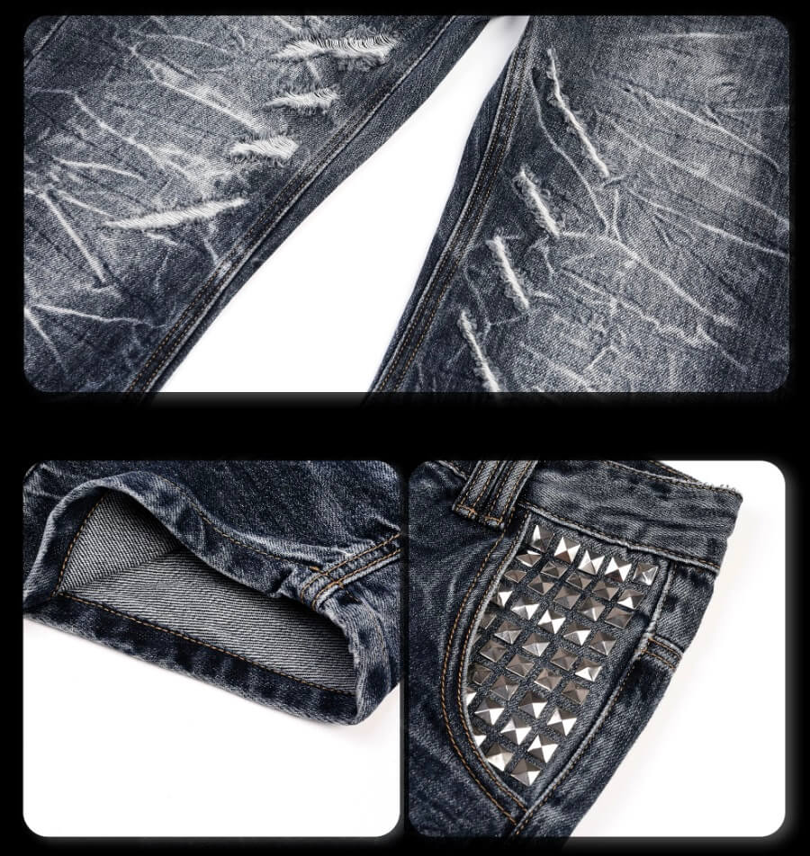 Night Lab Heavily Washed Distressed Multi Rivet Curved Jeans