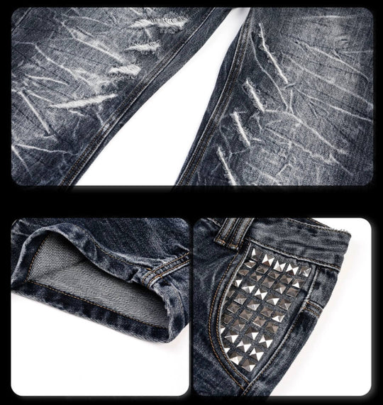 Night Lab Heavily Washed Distressed Multi Rivet Curved Jeans