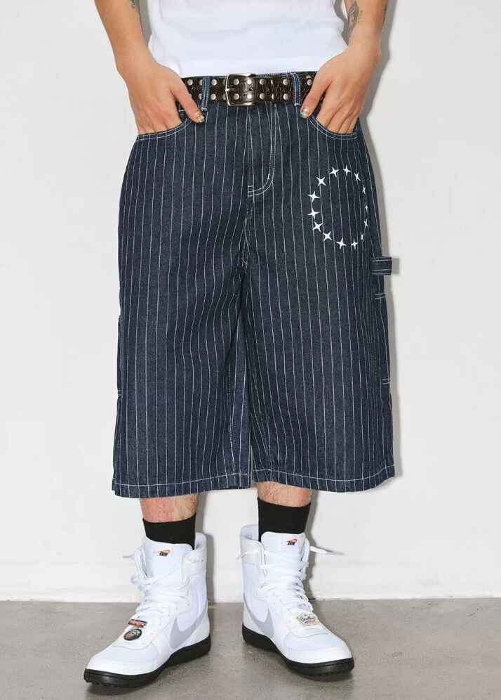 NOVACAM Circle Star Print Pinstripe Baggy Denim Shorts | Face 3 Face