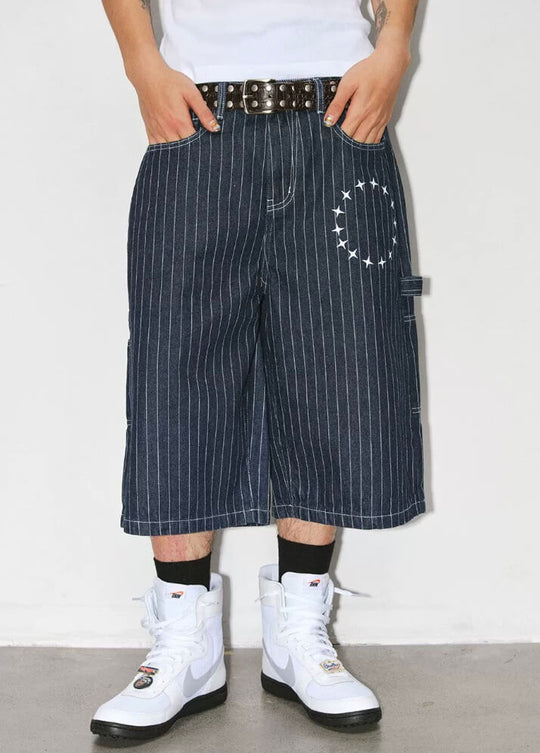NOVACAM Circle Star Print Pinstripe Baggy Denim Shorts | Face 3 Face