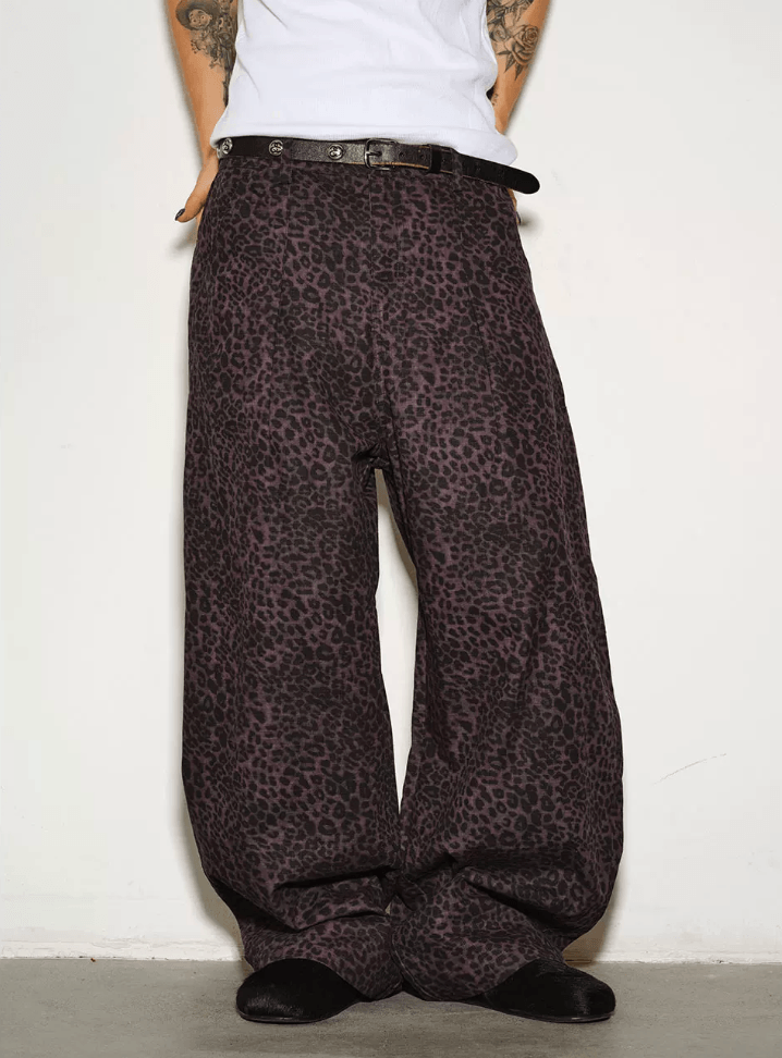 NOVACAM Purple Leopard Print Curved Baggy Pants | Face 3 Face