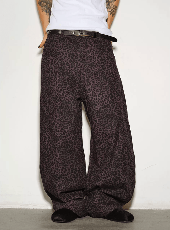 NOVACAM Purple Leopard Print Curved Baggy Pants | Face 3 Face
