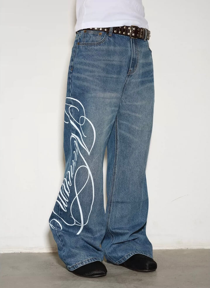 NOVACAM Vintage Washed Letter Print Flared Jeans | Face 3 Face
