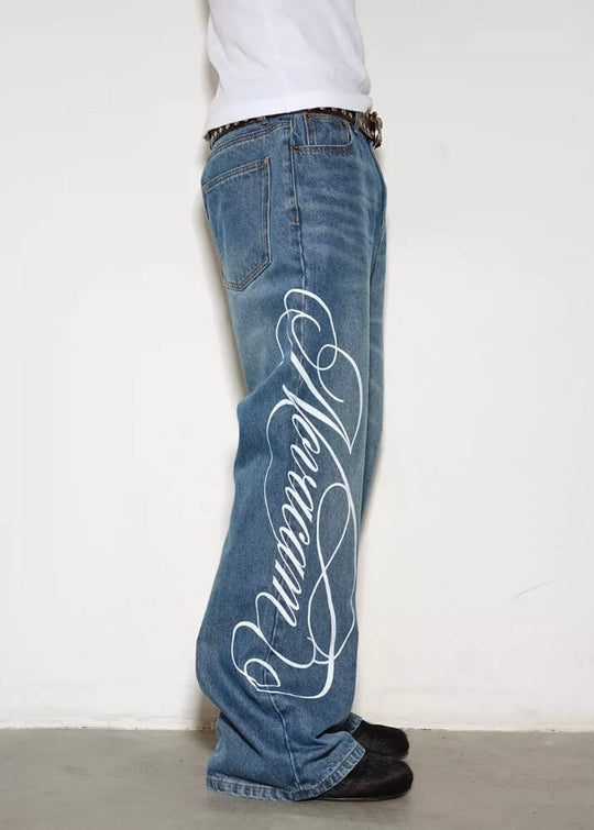 NOVACAM Vintage Washed Letter Print Flared Jeans | Face 3 Face