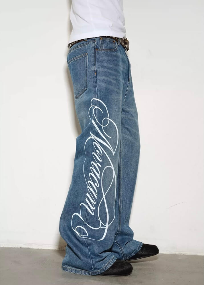 NOVACAM Vintage Washed Letter Print Flared Jeans | Face 3 Face