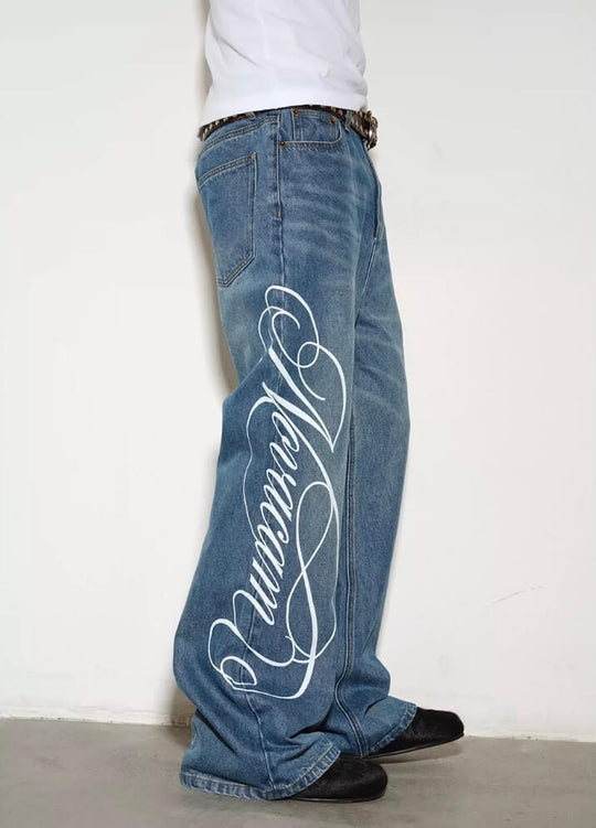 NOVACAM Vintage Washed Letter Print Flared Jeans | Face 3 Face