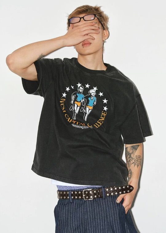 NOVACAM Running Graphic Print Washed Short Sleeve Tee | Face 3 Face