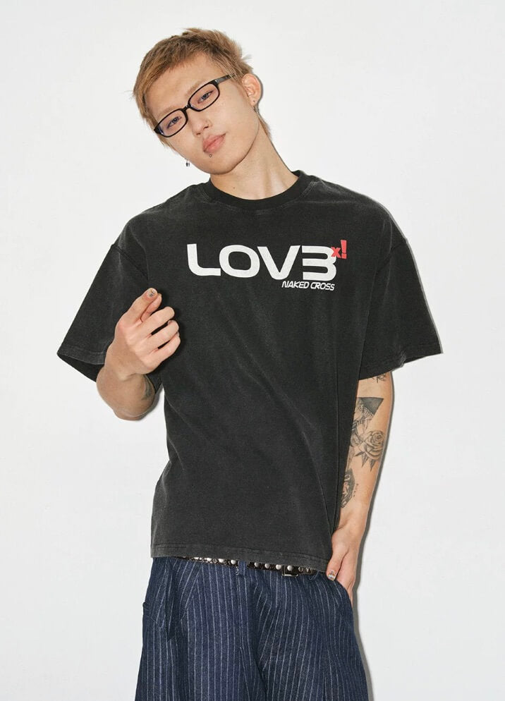 NOVACAM Love Graphic Print Washed Short Sleeve Tee | Face 3 Face